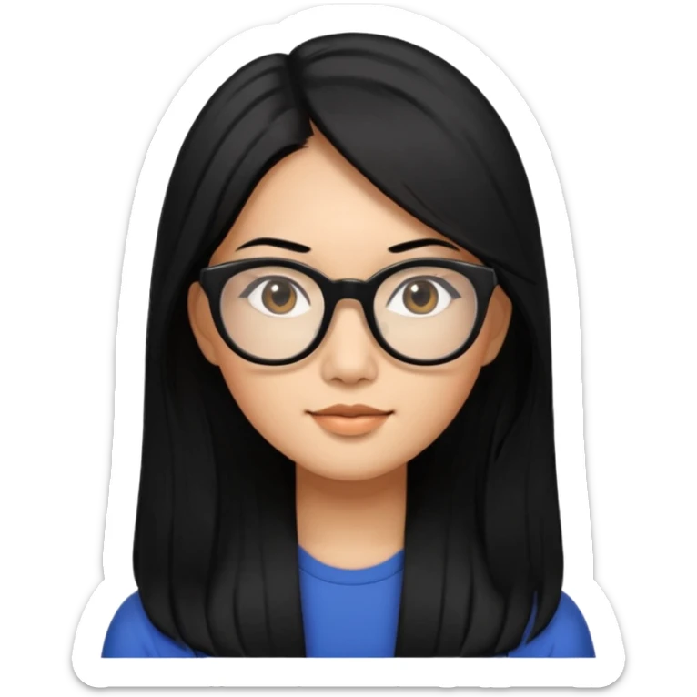 30 yr old asian woman, straight thick long black hair, big black glasses, side part sticker