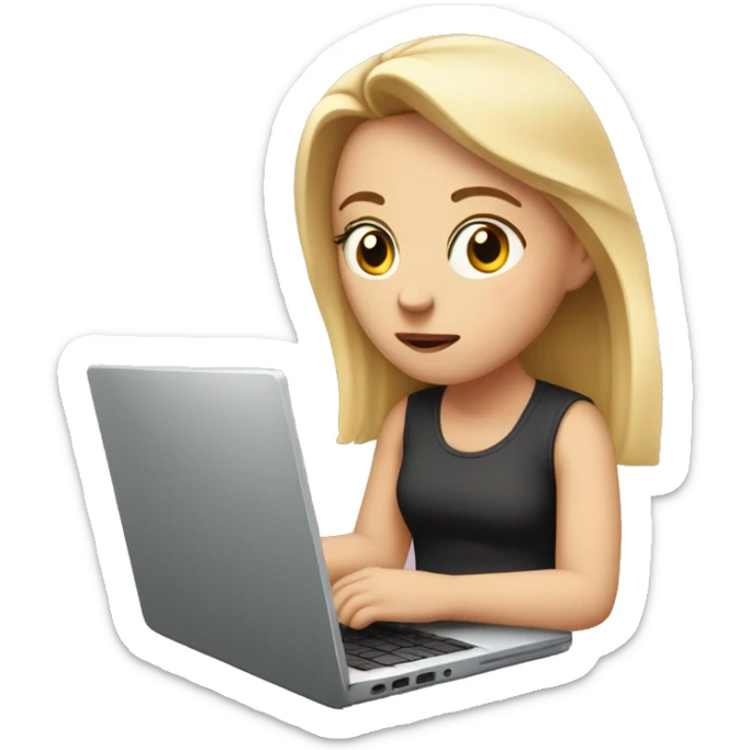 white girl with laptop sits with laptop open. She looks tired, her facial expression is exhausted and her eyes half closed  sticker