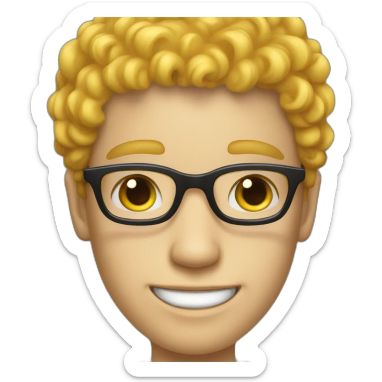 a silly boy with black eyeglasses and curly yellow hair on top less hair and white skin sticker
