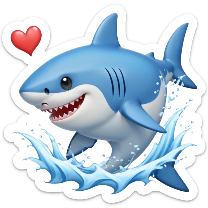 A smiling shark with hearts on eyes hitting waves water of front on photo with its tail sticker
