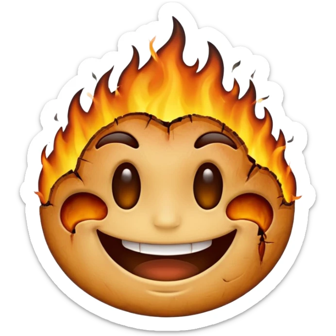 A emoji with half of his face where his left eyes at is burnt with the emoji having a big grin sticker