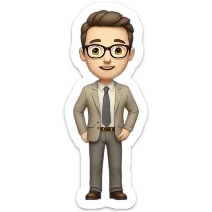 Full height Actively Gesturing Pale skinned fit man with dark brown hair in gray jacket, beige office shirt, brown tie, brown pants and vintage glasses. sticker