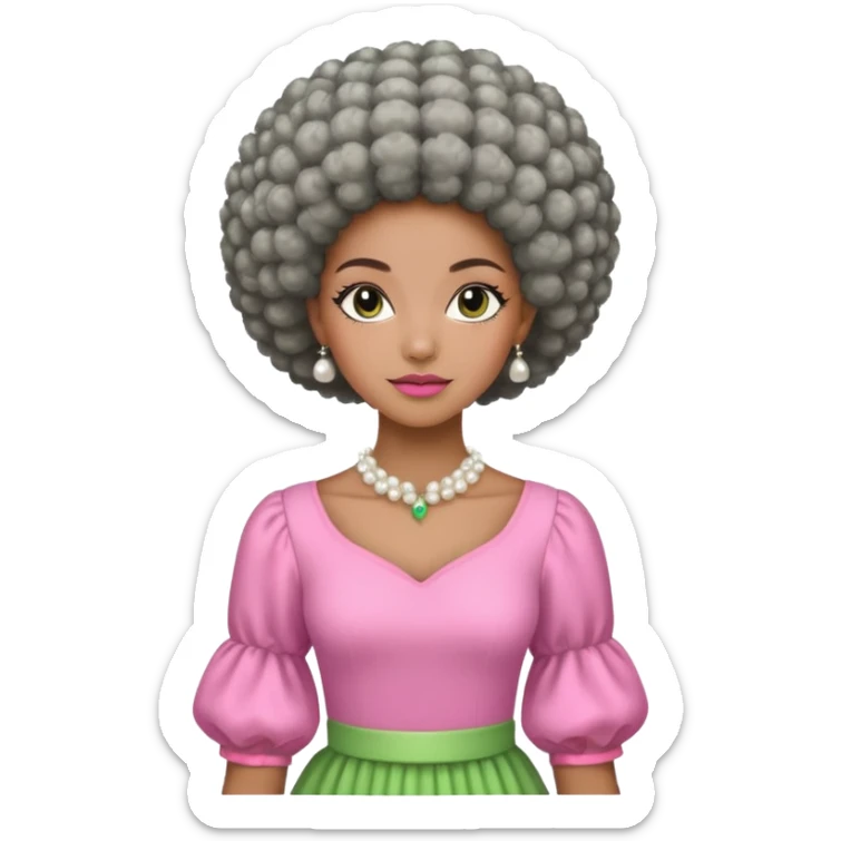 Pretty Brown woman with a very very short stylish gray Afro  wearing pink and green dress  and pearl blouse with sleeves sticker
