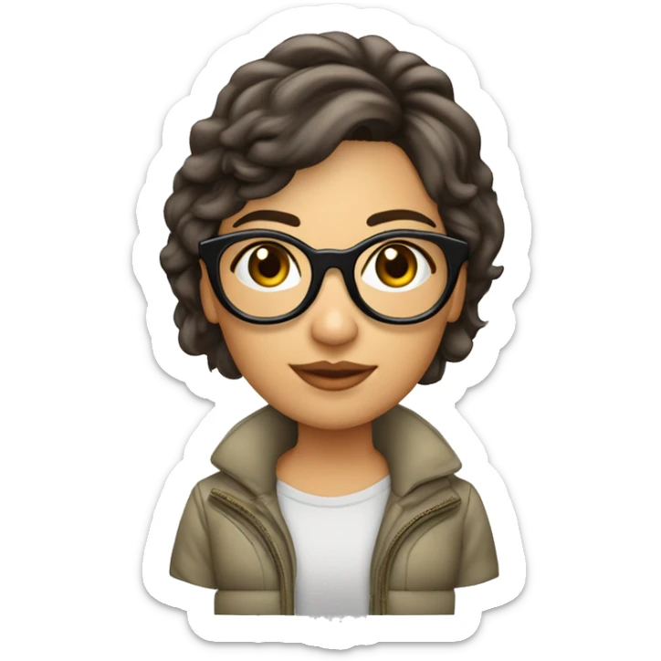 Una chica blanca, de cabello corto hasta los hombros  marrón, lentes de aviador, con un celular   sticker