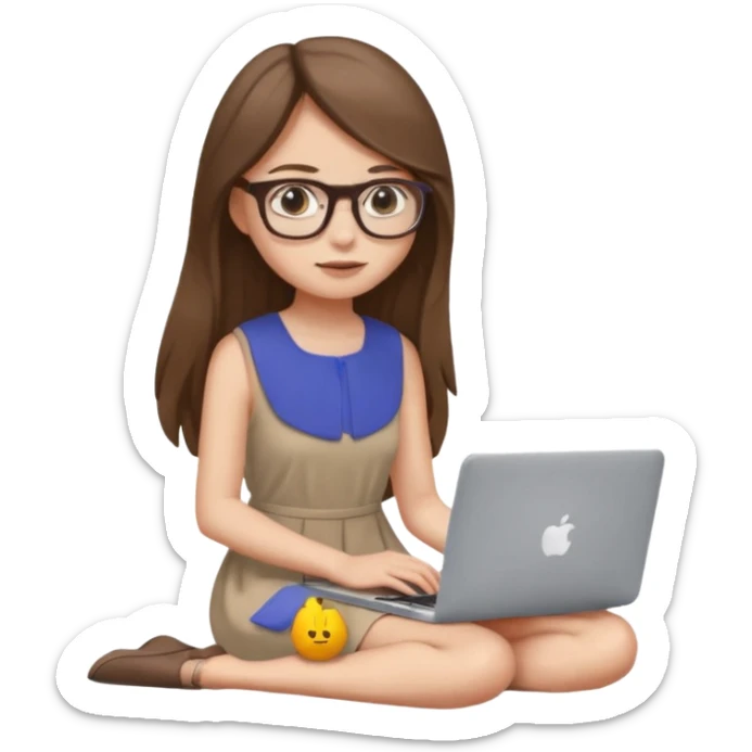 Girl in glasses,brown long hair, beige dress, sitting with gray MacBook sticker