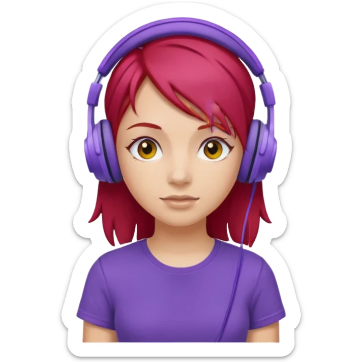 girl with purple headphones and tshirt red hair sticker