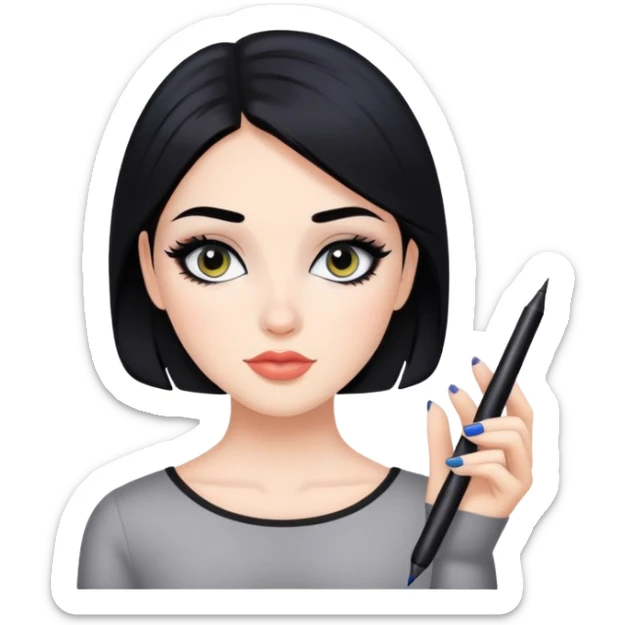 pretty girl with black hair, fair skin, makeup, and eyeliner sticker