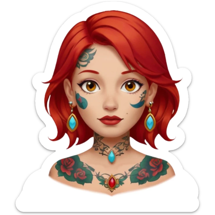 red hair woman with extra  big earring and face tattoed sticker