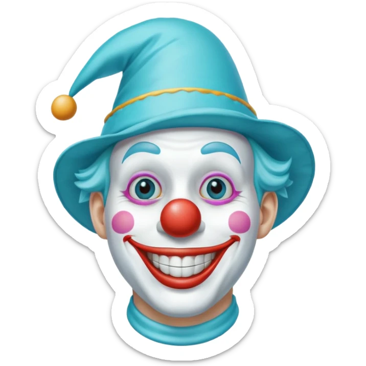 Chú hề, đội mũ chú hề cao xanh nước biển, cười tươi, khuôn mặt dài, 25 tuổi sticker