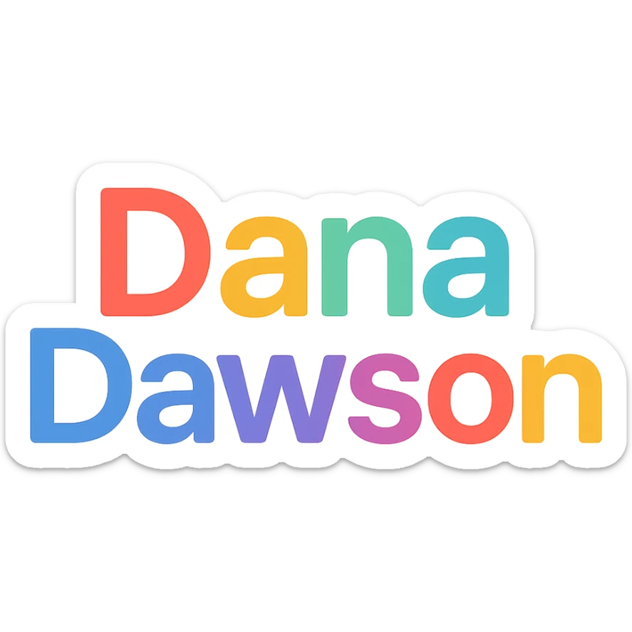 'Dana Dawson' name as a modern, colorful icon-style wordmark sticker