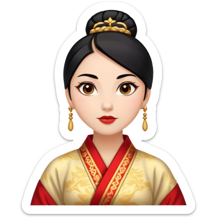 Cinematic Realistic Noble Mulan Portrait, depicted with lifelike, warm light-toned skin that reveals subtle texture and natural shadows. Her sleek black hair is intricately styled into a traditional bun with every strand rendered in exquisite detail, and her almond-shaped eyes, full of quiet resolve, are softly illuminated. She wears a meticulously detailed traditional robe with delicate red and gold accents, its rich fabric textures and gentle folds catching the light beautifully. The portrait radiates a natural, enchanting glow, capturing Mulan’s inner strength and timeless grace in a realistically painterly style. sticker