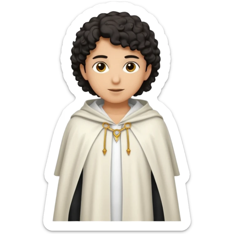 Apariencia: Joven de unos 25-30 años, atractivo,.
-Rostro: Ojos oscuros, piel ligeramente morena, rasgos árabes finos.
-Cabello: Negro, rizado corto, viste como cristiano (camisa blanca, capa corta, colores sobrios). Que salga de cuerpo completo sticker