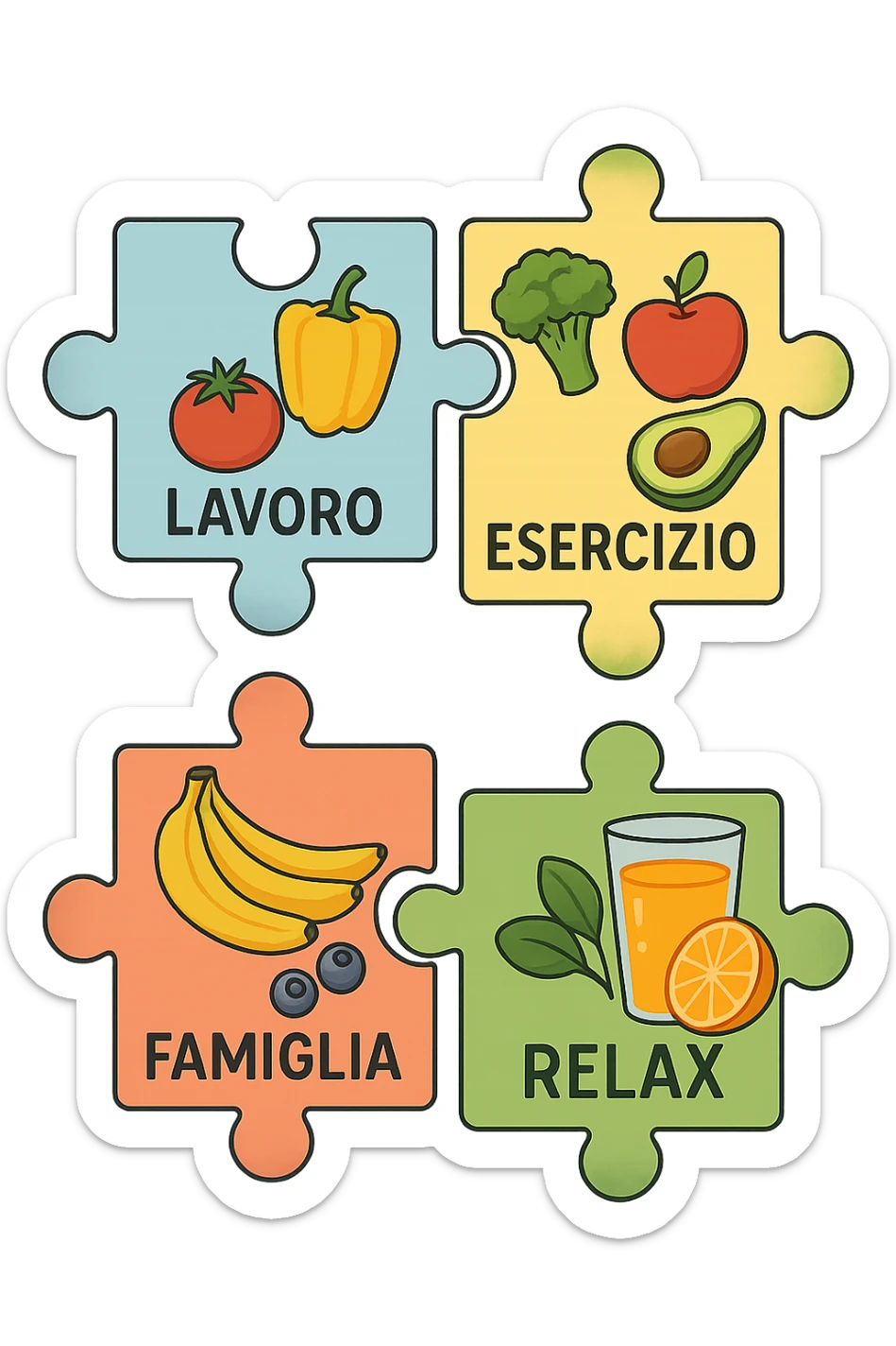 Puzzle (Lavoro, Esercizio, Famiglia, Relax), and healthy foods are integrated into each piece. in italiano sticker