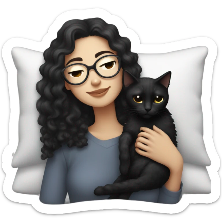Pale white young woman with dark curly hair with glasses cuddling, sleeping with black cat sticker