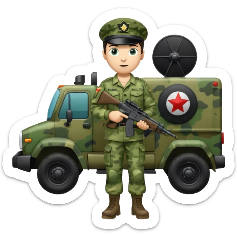 Full body of a dark haired blue eyed army man with radar truck weapon and wearing green camo uniform  sticker
