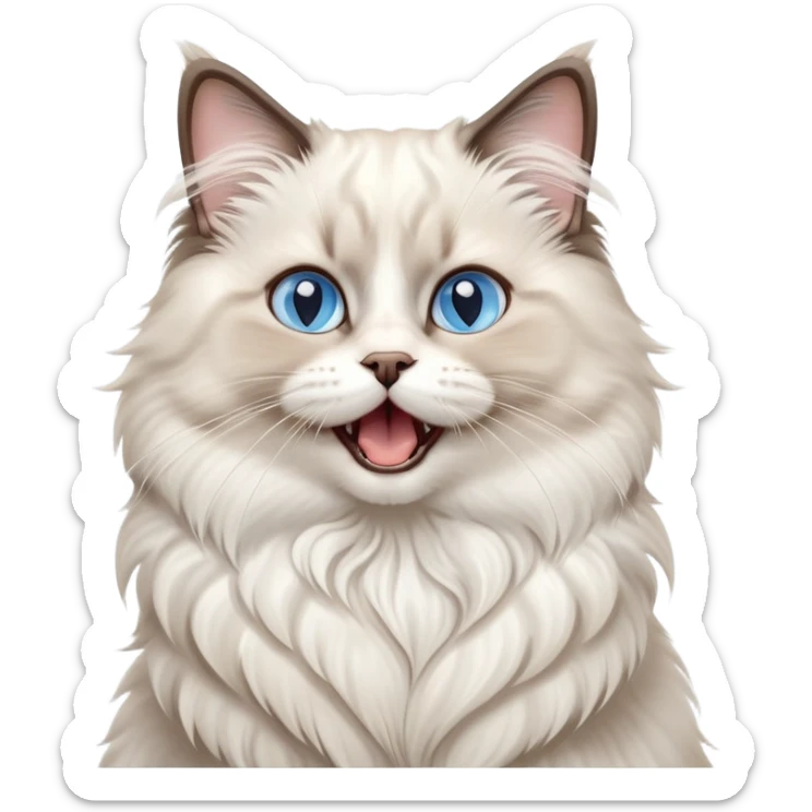 cinematic-adorable-big-eyed-fluffy-ragdoll-cat-portrait-emoji,-head-tilted-playfully-with-a-cute,-yawn,-white and grey fur,-simplified-yet-irresistibly-cute-features, blue eyes sticker