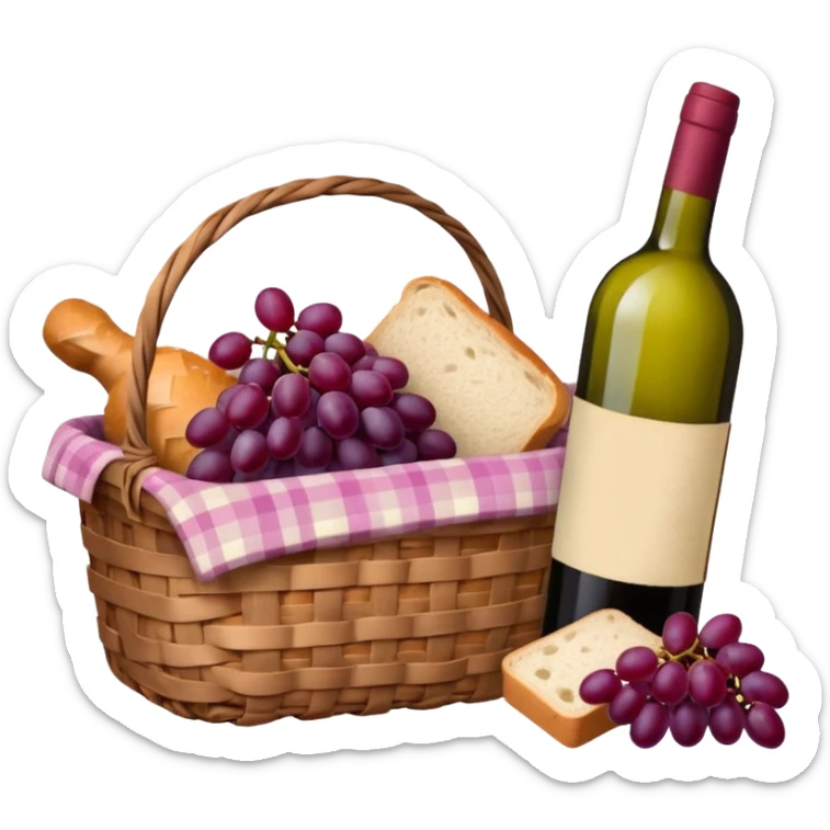 Food Basket, Pink basket, plaid lining, with both food, drink and fruits sticker