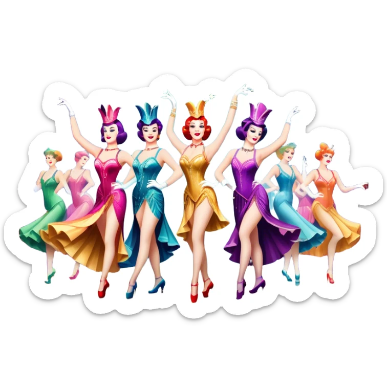 A vintage movie poster-style design inspired by Moulin Rouge. Include glamorous cabaret dancers in extravagant costumes, a colorful stage, sparkling lights, and a sense of drama. The atmosphere should be vibrant, with musical notes in the air. Retro cinematic style. Transparent background. sticker