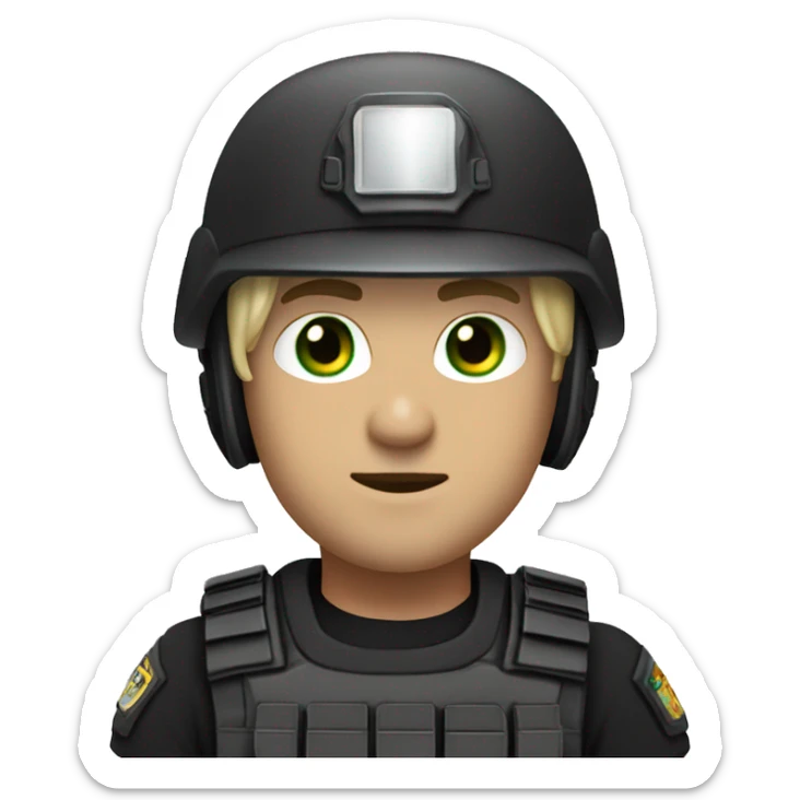male swat officer wearing a helmet, white skin and dirty blonde hair, and green eyes sticker