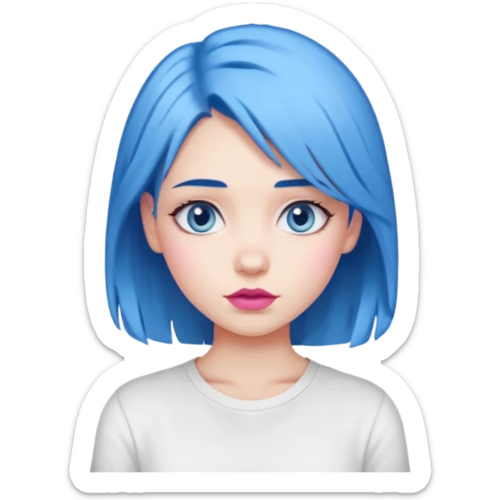 girl with blue hair to shoulders, blue eyes, pink lips, wearing a white shirt sticker