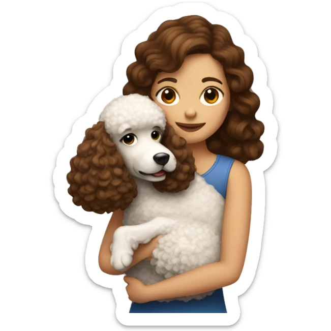 A girl with brown hair hugs a dog of that poodle breed sticker