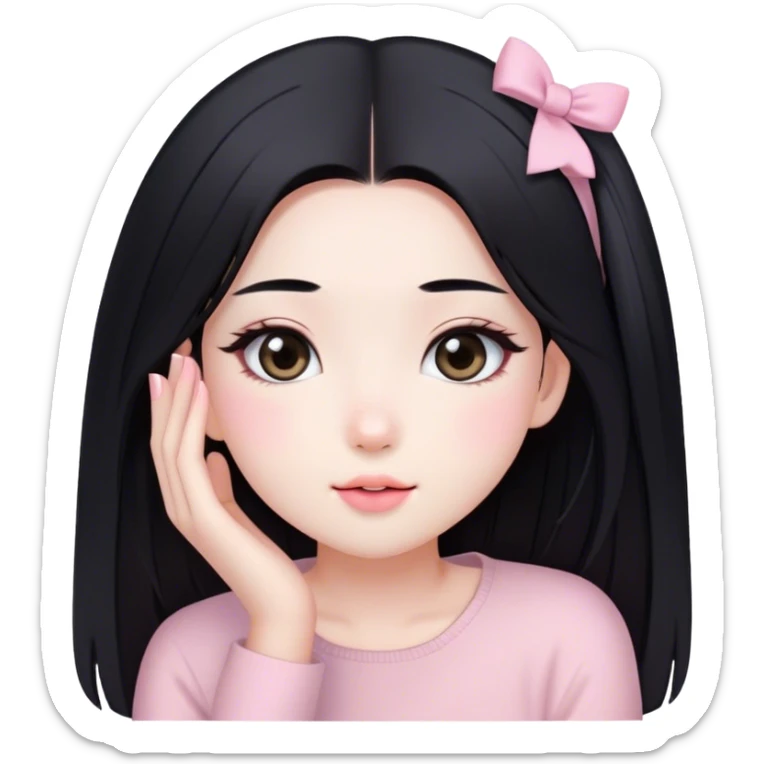soft pink beauty vlogger girl fair skin with long straight hair. natural makeup like korean girls, black hair sticker