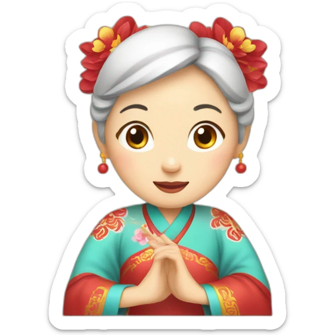 Chinese middle aged lady wear Chinese traditional dress  with a sign of agreeable and peace gesture sticker