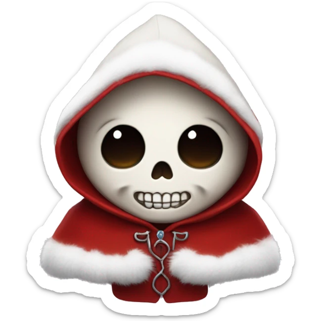 Cute, happy little skull wearing a red velvet hooded cloak with white fur trim. sticker