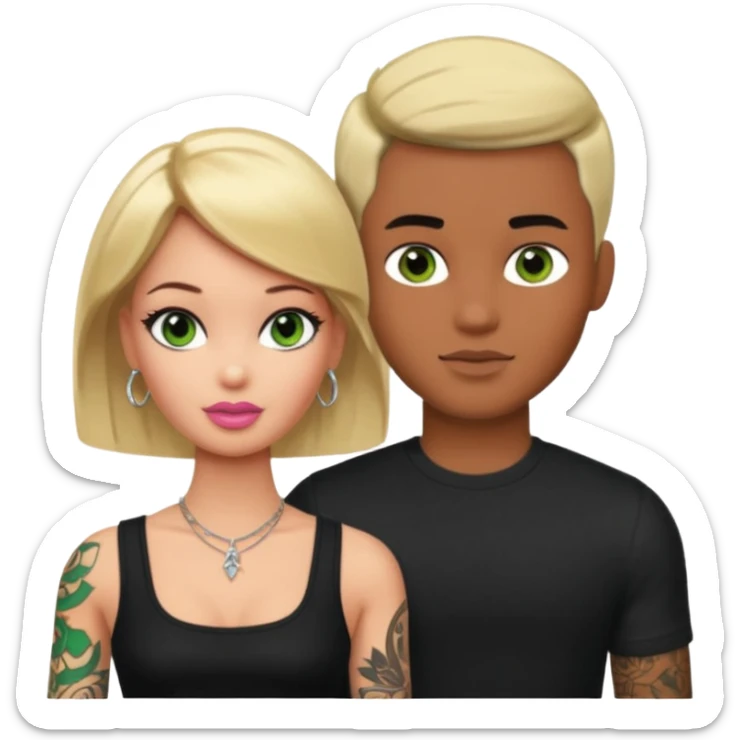 Brown skin blonde hair brown eyed barbie with her pale boyfriend with black short hair and green eyes with tattoos sticker