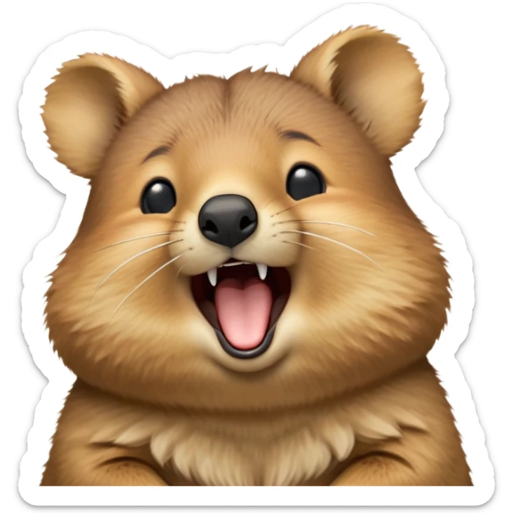 cinematic-realistic  yawning quokka-emoji,-small-round-frame, head tilted in an endearing manner, wouth wide open yawning, sleepy comical smile, round cheeks, giant-fluffy-cheeks-large-smile-fluffy-brown-fur-radiating-a-warm-softness,-big-round-eyes-filled-with-joy, realistic round  fluffy zoomed in, large black eyes one paw raised in the air sticker