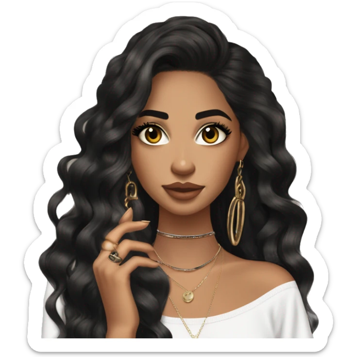 Glamorous, streetwear, black balayage hair, long wavy hair, olive skin, brown almond eyes, winged eyeliner with big lashes, wearing hooped earrings, rings and bracelets, almond fake nails sticker
