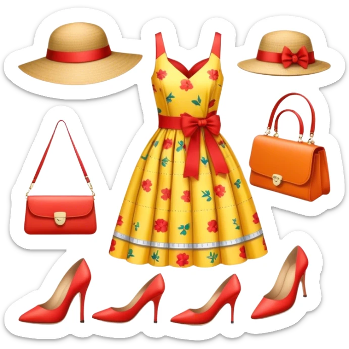 Icon for Fashion Design: a pattern of a bright, beautiful dress with measurements, a ruler, and pencil, along with a hat, shoes, and a handbag. The icon should represent fashion design with attention to detail and style. Transparent background. sticker