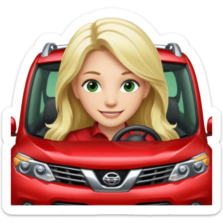 A Smiling Green Eyed, Long Haired Blonde driving a RED NISSAN ROGUE SUV sticker