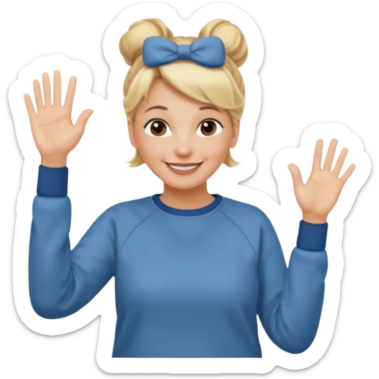 50 year old blonde woman with bun in casual clothes and sweat shirt waving sticker