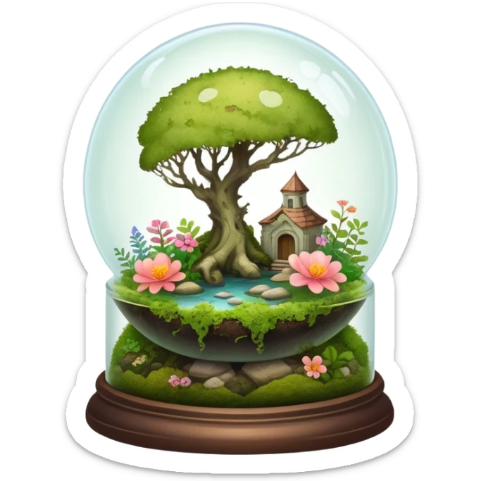 Mystical woodland glass-dome-terrarium-globe with moss and an animal-cadaver and flowers inside  sticker