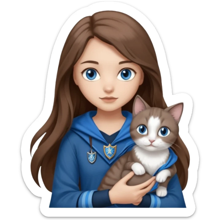 gorgeous Girl with light skin, blue eyes, long brown hair, wears a ravenclaw outfit, with a grey and white cat holding in her arms sticker