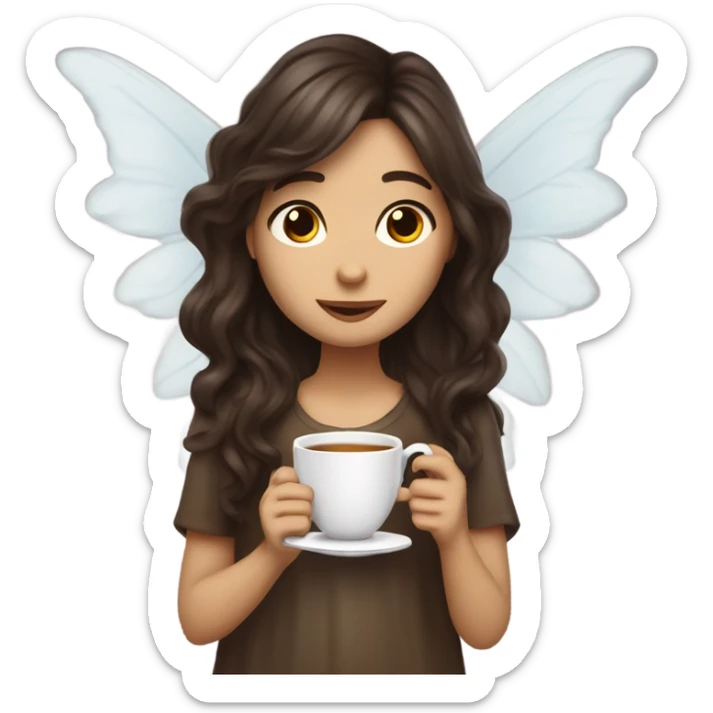 Fairy with long dark brown wavy hair dj-ing and drinking tea with long angel wings sticker