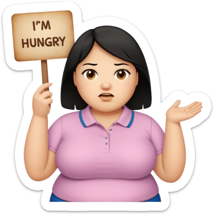 Una señora gorda con cabello negro y p olo corto con un letrero de tengo hambre sticker