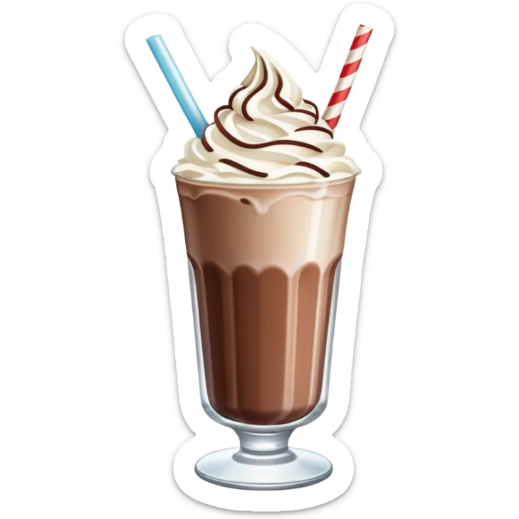 A thick, creamy milkshake in a tall glass with whipped cream on top and a straw sticker