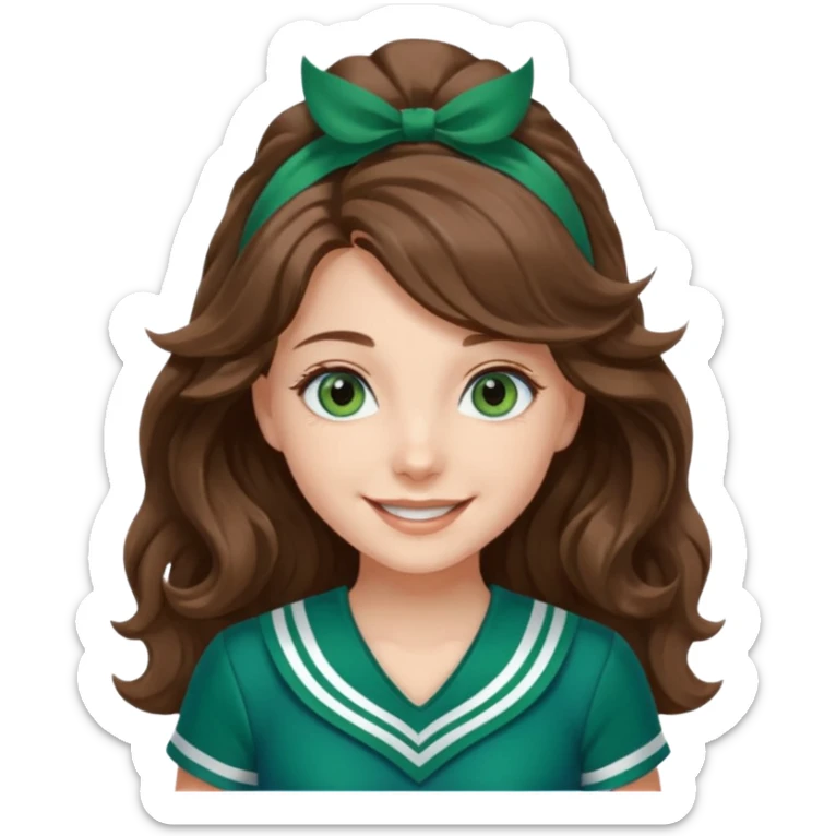 A pretty girl with blue eyes, brown long wavy hair, qnd wear green Hawkins cheerleader uniform sticker