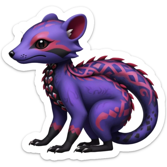 Rare warm-colored exotic gloomy tropical edgy cute epic aesthetic spooky indigo violet purple black red gothic colorful Salandit-Civet-species-Fakemon-hybrid-creature, with tribal tattoo markings, full body sticker