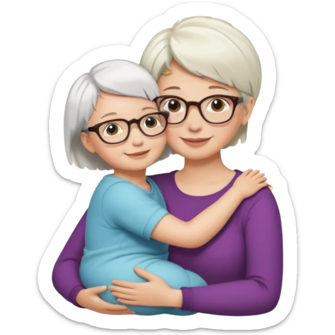"Woman with short white hair and fair skin, wearing glasses, hugging a baby with short brown hair, smiling sticker