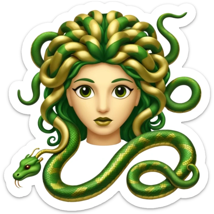 The Sicilian Medusa in gold and green and make the snake hair have snake faces  sticker