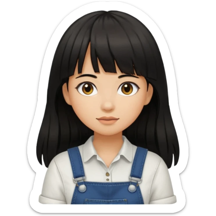 Make it a girl wil long hair like this and look like this  she has brown ish black hair and if has bangs with black overalls and a white shirt she’s not asian sticker