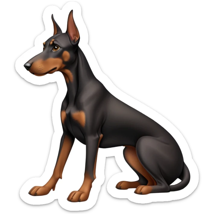 cinematic-[doberman]-realistic-full-body-sitting-emoji,-tail-resting-loosely-beside-its-paws,-head-tilted-dramatically, -sleek-[black and tan]-fur,-simplified-yet-realistic-focused-features,-highly-detailed,-glowing-with-an-almost-sarcastic-glow sticker