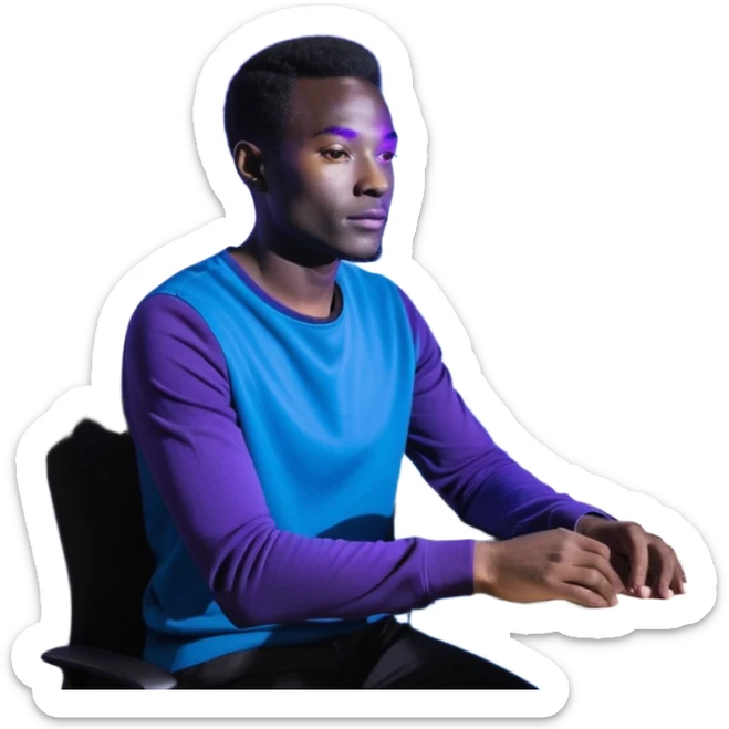 Développeur homme noir, dans un espace de coworking moderne, lumière néon bleue et violette, reflet sur son visage concentré, code affiché sur plusieurs écrans, légère profondeur de champ, ambiance professionnelle, style cinématique 4K, détails précis, peau naturelle, contraste fort. sticker