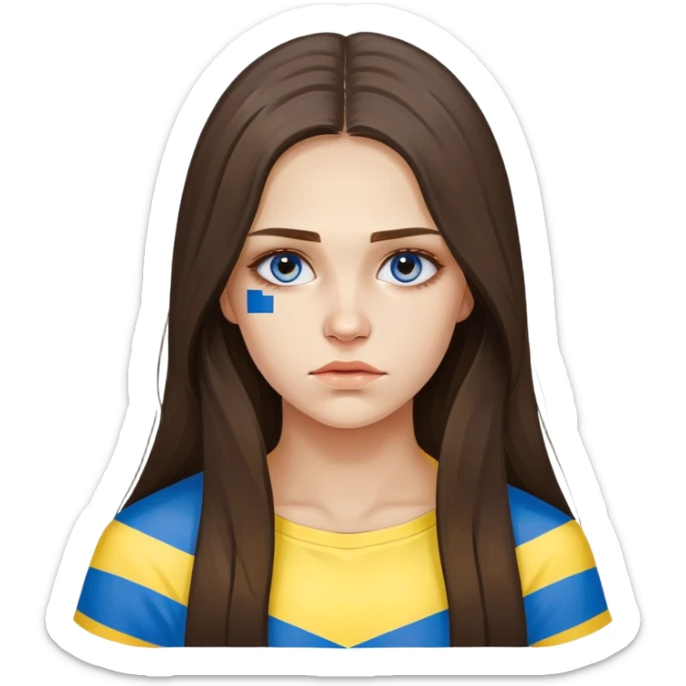 Brunette woman with long hair, Ukrainian flag (blue and yellow) painted on her cheek, sad expression sticker