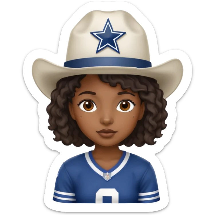 Black girl with short wavy hair and a cowboys football hat sticker
