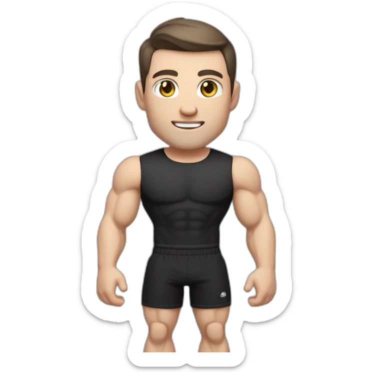 Pale skinned Fit Man With the biceps and dark brown hair in black shirt, gray sports shorts and white Sneakers sticker