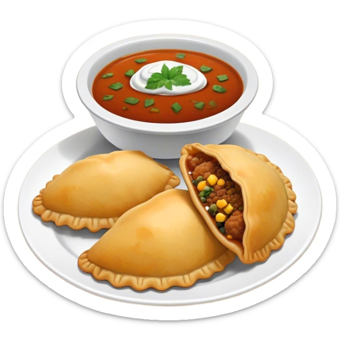 Cinematic Realistic Colombian Cornmeal Empanadas Emoji, showcasing the golden, crispy shell filled with savory meats and spices, served with a side of aji dipping sauce, rendered with vibrant textures and warm, inviting lighting. sticker
